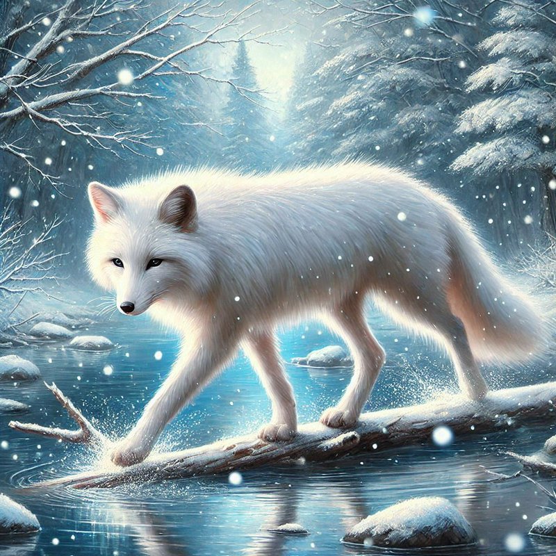 Fluffy white arctic fox walking across a snow-covered log over a stream in a winter forest