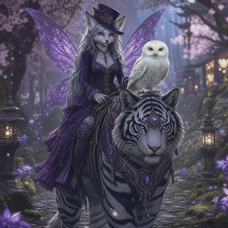 Winged anthropomorphic fox fairy rides a jeweled white tiger with a perched snowy owl in an encha...