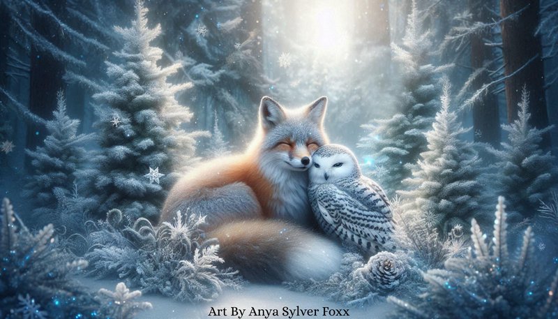 Cozy red fox and snowy owl snuggle together in a sunlit frosty winter pine forest