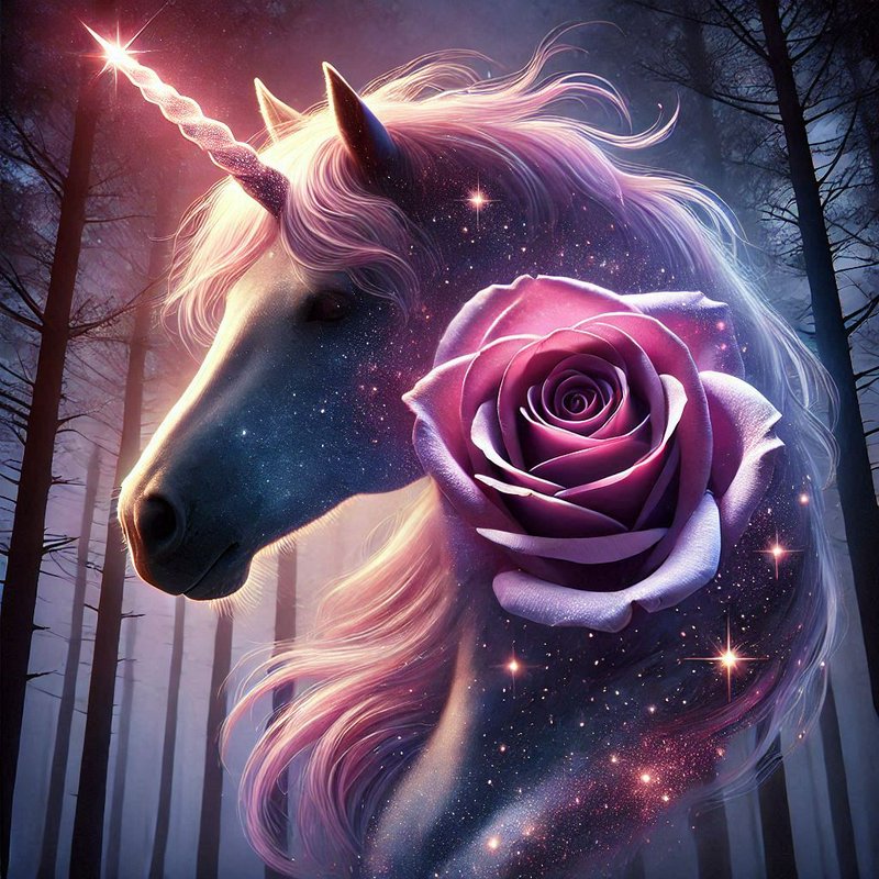 Sparkling celestial unicorn with a glowing horn and pink rose in a misty twilight forest