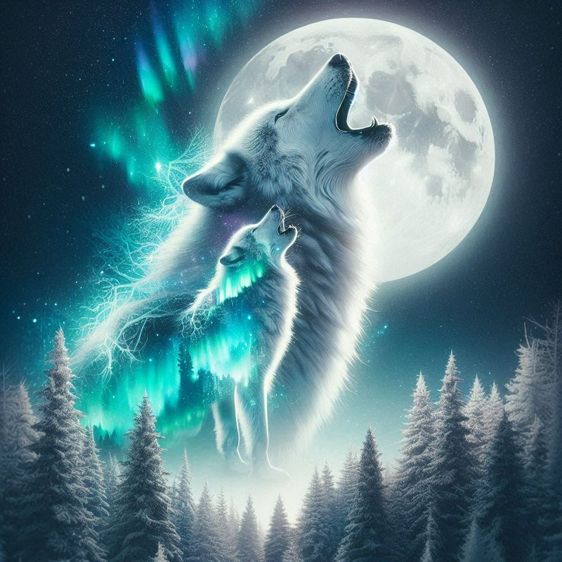 Ethereal glowing white wolves howl beneath a full moon and aurora borealis over a snowy winter pi...