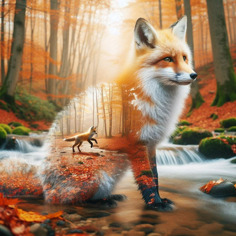 Surreal double exposure red fox standing in an autumn forest stream with layered forest and tiny running fox overlays