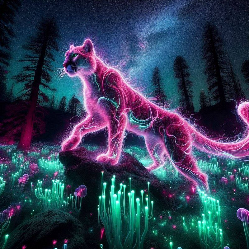 Glowing neon pink spirit cougar stands on a rock in a bioluminescent forest under a starry nebula...