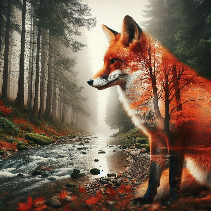 Double exposure red fox stands beside a misty autumn forest stream, its body blended with fall trees