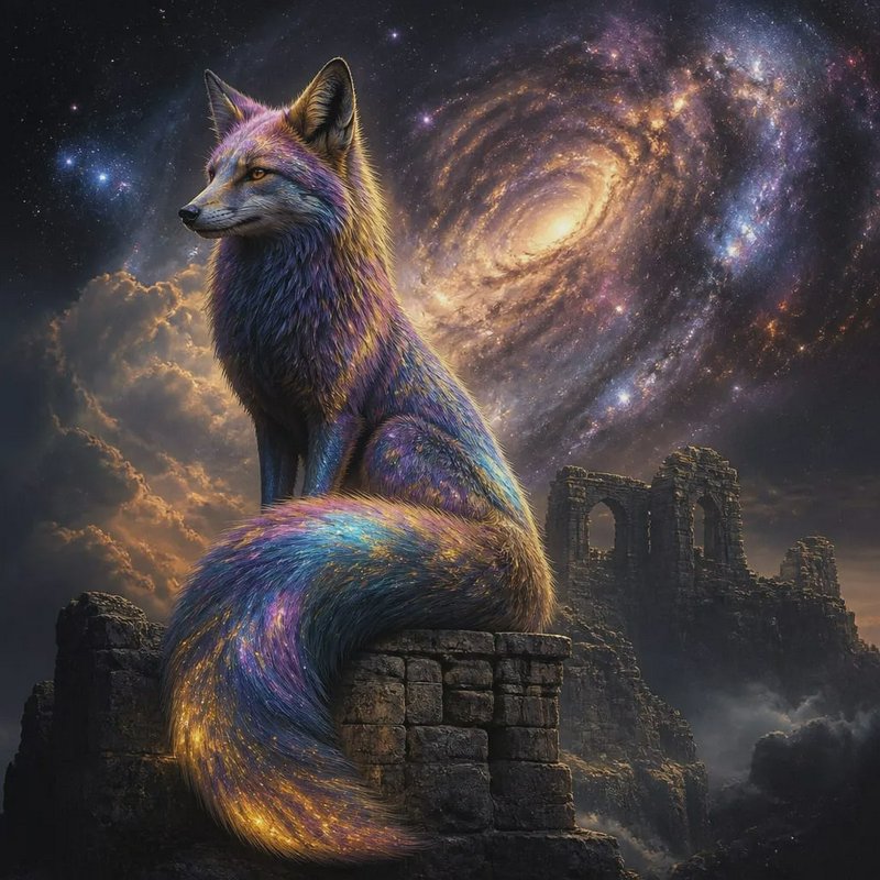 Iridescent cosmic fox sits on ancient stone ruins beneath a swirling spiral galaxy night sky