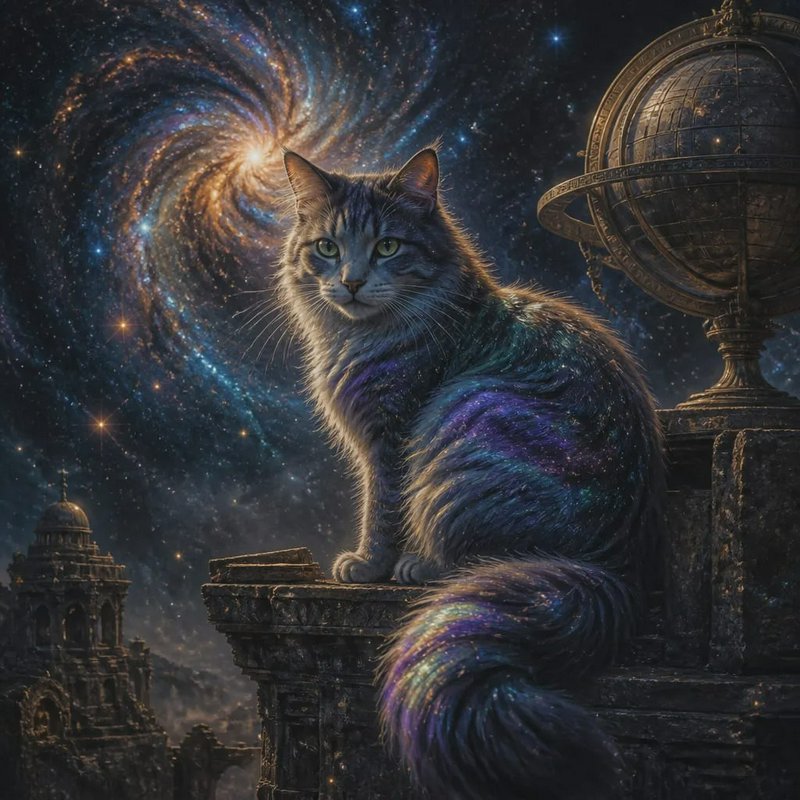 Fluffy cosmic cat with nebula fur perches on a stone ledge next to an armillary sphere under a swirling galaxy