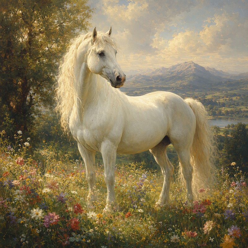 Magnificent white stallion stands in a sunlit wildflower meadow overlooking a rolling mountain va...
