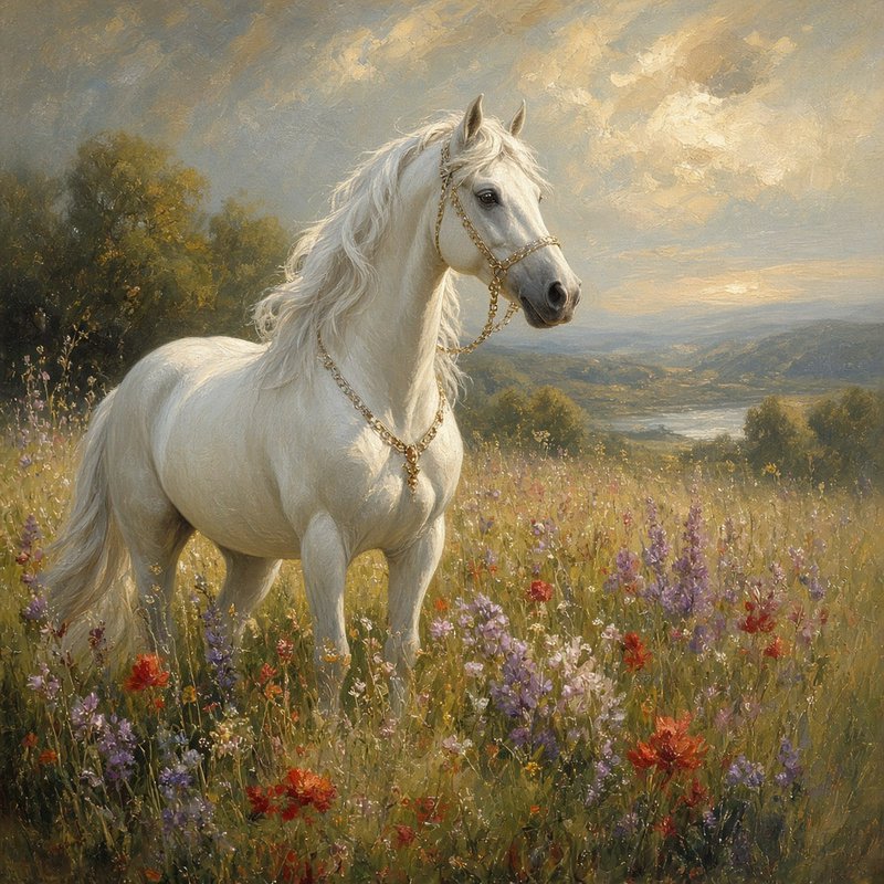 Elegant white stallion with gold tack standing in a sunlit wildflower meadow overlooking rolling ...
