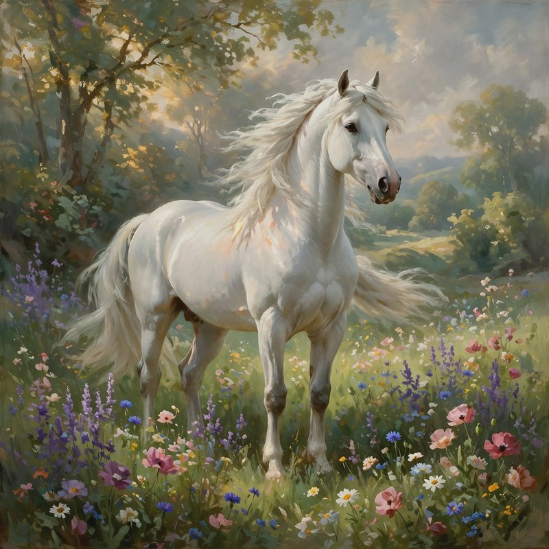Majestic white stallion standing in a sunlit wildflower meadow at golden hour