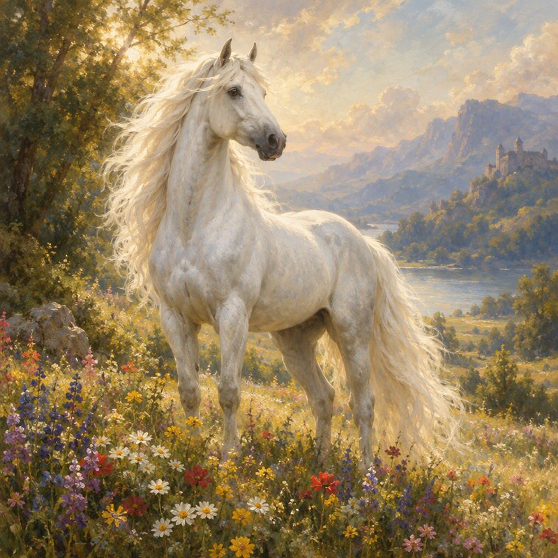 Majestic long-maned white stallion standing in a sunlit wildflower meadow with a distant castle l...