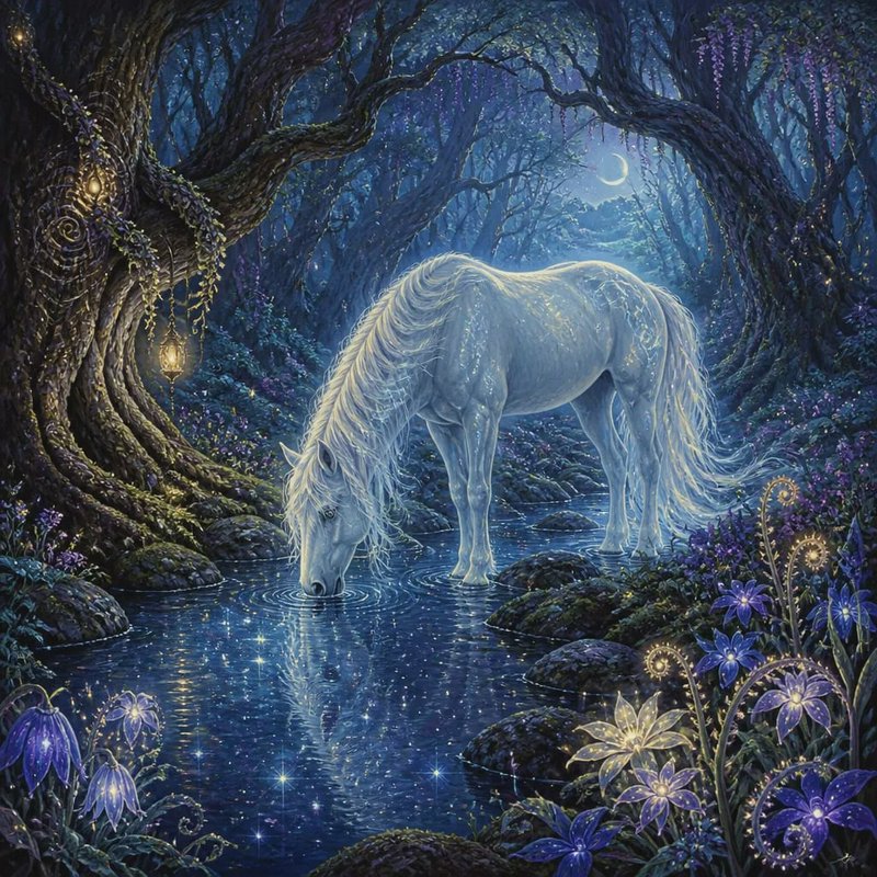 Glittering mythical white horse drinks from an enchanted stream in a moonlit magical forest