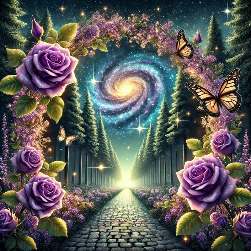 Enchanted cobblestone path framed by a purple rose arch leads to a swirling spiral galaxy in a st...
