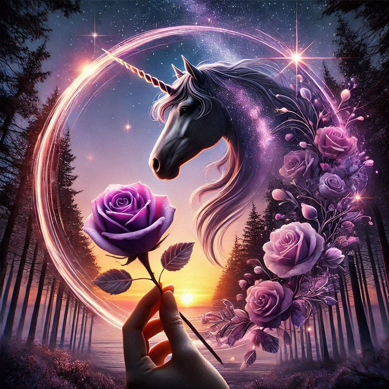 Hand holds a purple rose toward a glowing magical unicorn beneath a starry sunset sky