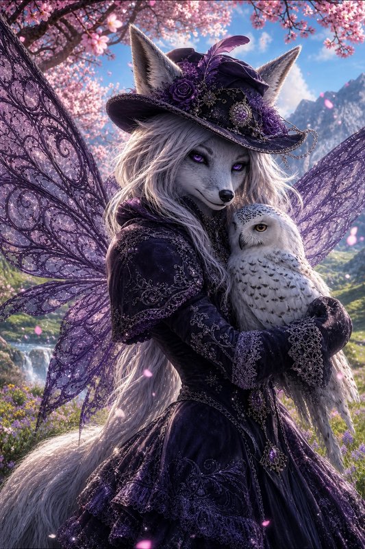 Anthropomorphic winged fox in an ornate purple gown holds a snowy owl in a blossoming alpine meadow