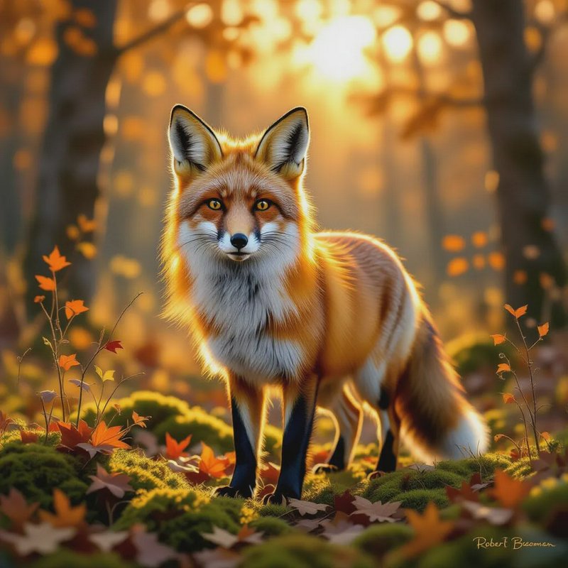 Red fox standing alert on a mossy autumn forest floor backlit by warm golden sunset