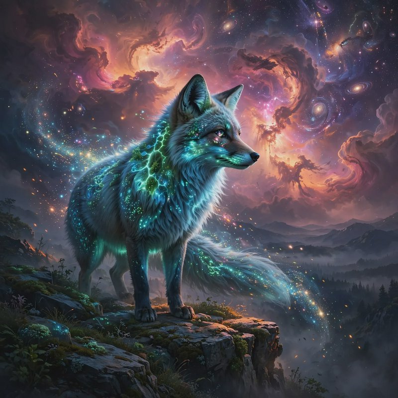 Glowing magical spirit fox standing on a rocky cliff beneath a swirling cosmic nebula sky