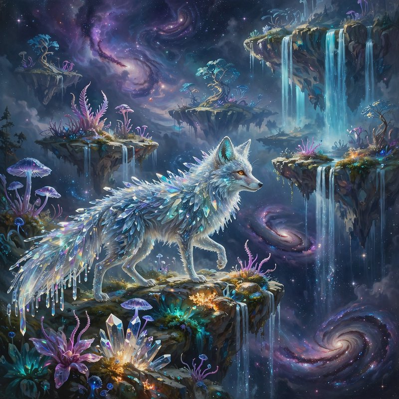 Iridescent crystal fox stands on a floating plateau in a magical cosmic fantasy landscape with gl...