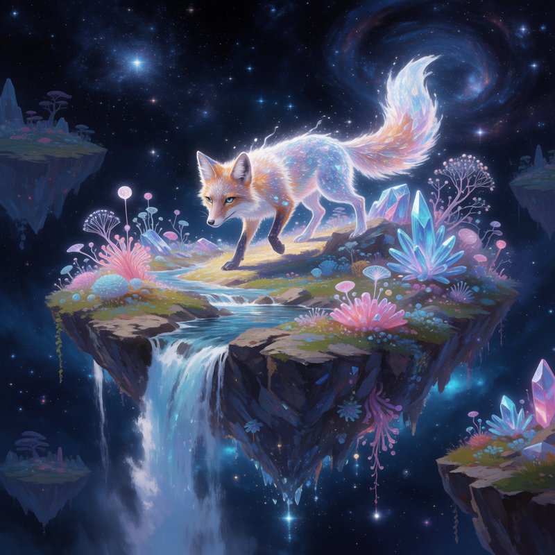 Glowing celestial fox stands on a floating fantasy island beneath a swirling starry galaxy sky