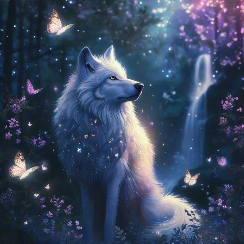 Sparkling mystical white wolf sits in an enchanted twilight forest surrounded by glowing butterfl...
