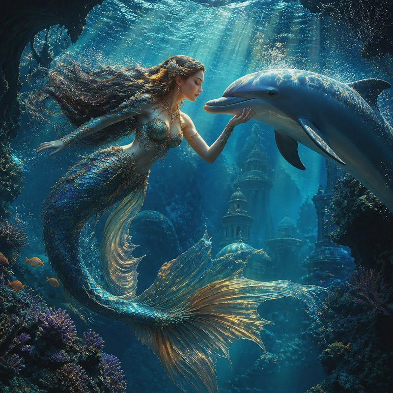 Ornate mermaid tenderly touching a dolphin in a sunlit ancient underwater kingdom