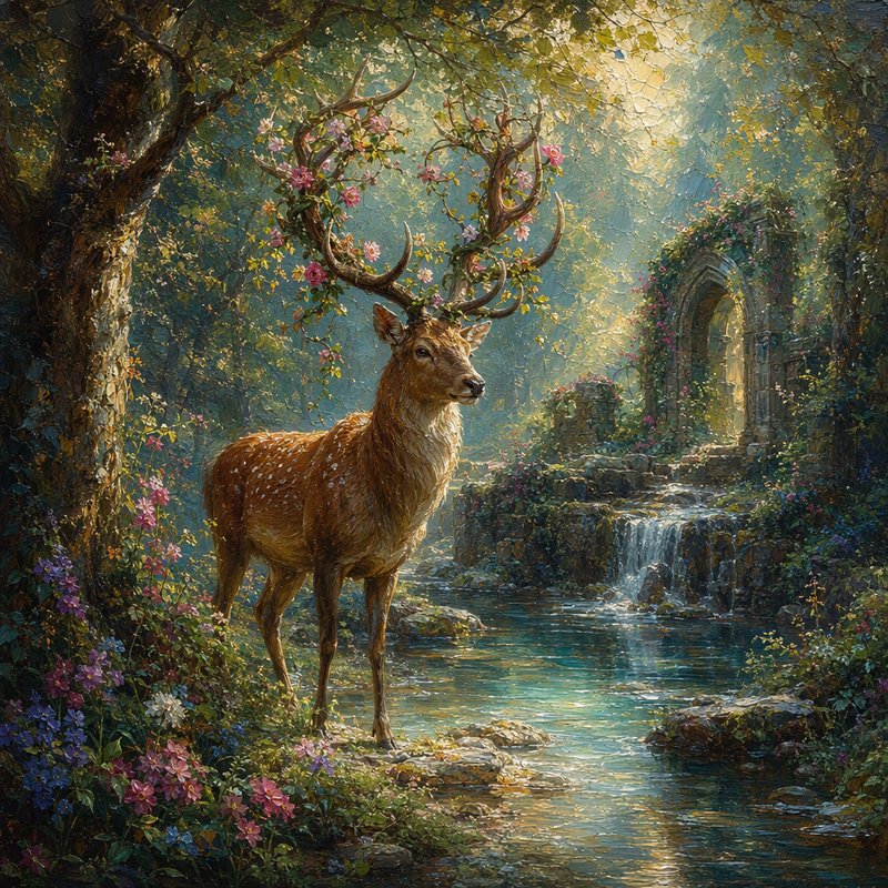 Enchanted stag with flower-draped antlers stands beside a stream in a sunlit magical forest
