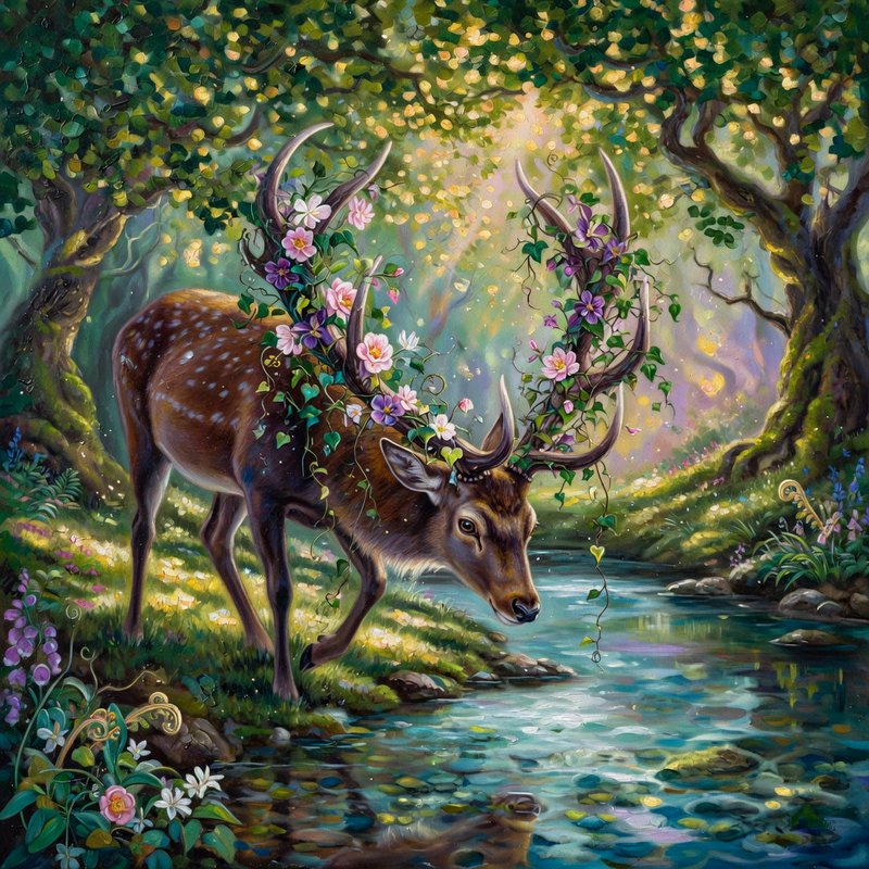 Spotted deer with flower draped antlers stands at the edge of a sunlit enchanted forest stream