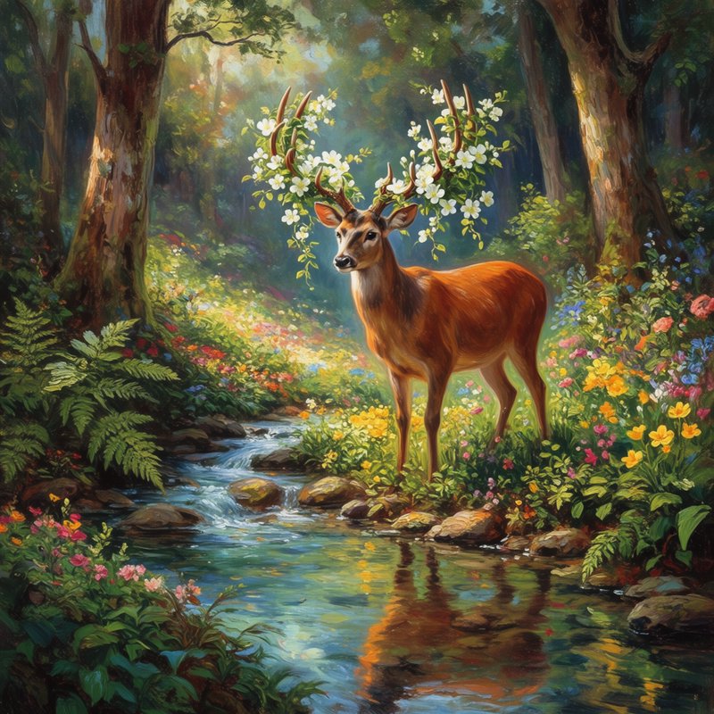 Fantasy stag with blossom-covered antlers stands beside a sun-dappled forest stream