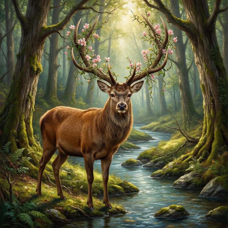 Enchanted stag with blooming pink flowers on its antlers stands beside a sunlit misty forest stream