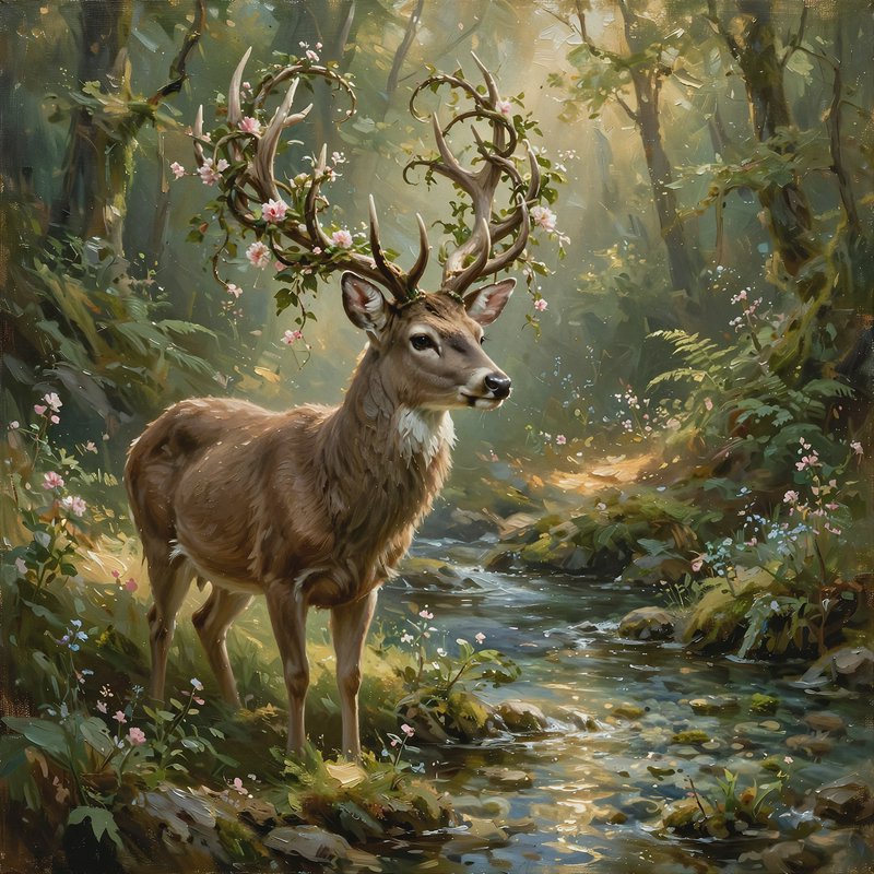 Fantasy brown stag with blossom-wrapped antlers stands beside a sunlit woodland stream