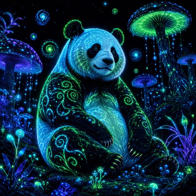Glowing neon patterned panda sits serenely among bioluminescent fantasy mushrooms in a dark encha...