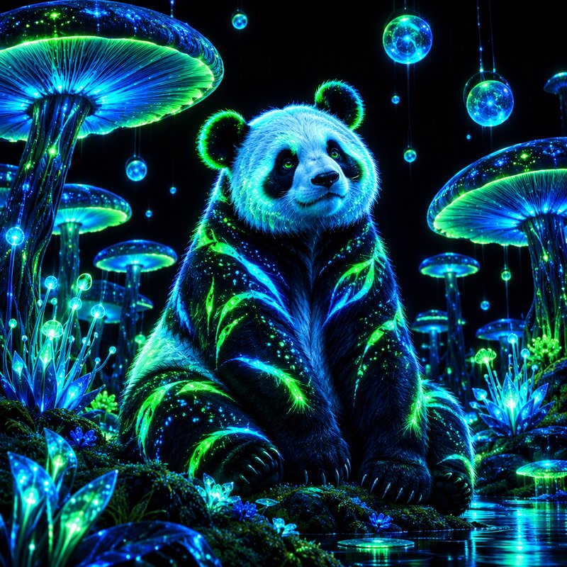 Bioluminescent neon panda sits among giant glowing fantasy mushrooms in a dark magical forest