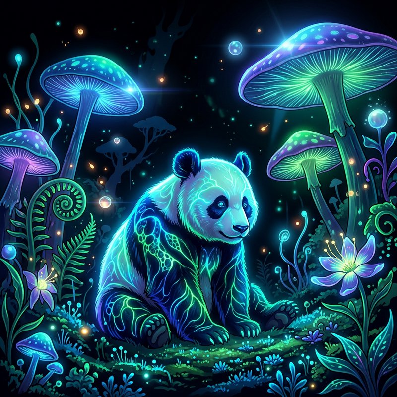 Glowing neon panda sits in a dark enchanted forest surrounded by bioluminescent mushrooms and foliage