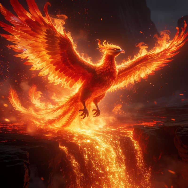 Glowing fiery phoenix with outstretched flaming wings hovers above a cascading lava waterfall