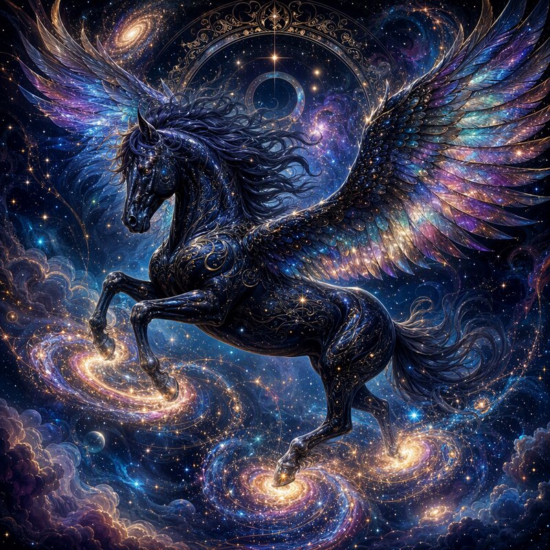 Ornate dark cosmic pegasus with iridescent wings rears against a swirling starry galaxy backdrop