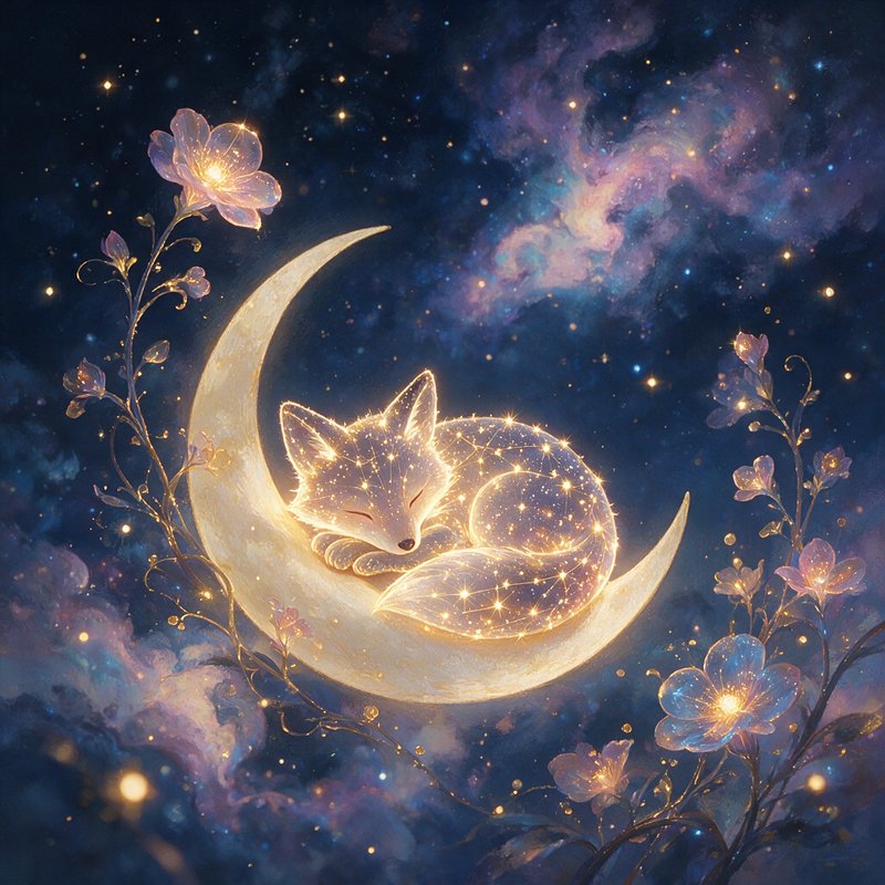 Glowing star-patterned fox sleeps curled on a golden crescent moon beneath a sparkling nebula sky