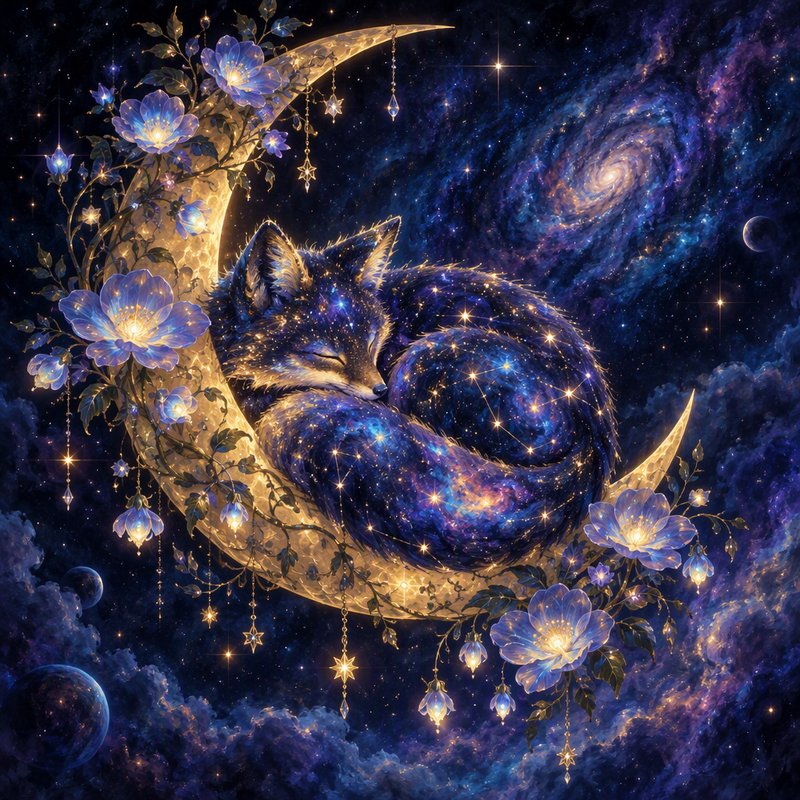 Starry cosmic fox curled asleep on a glowing golden crescent moon in a swirling starry galaxy