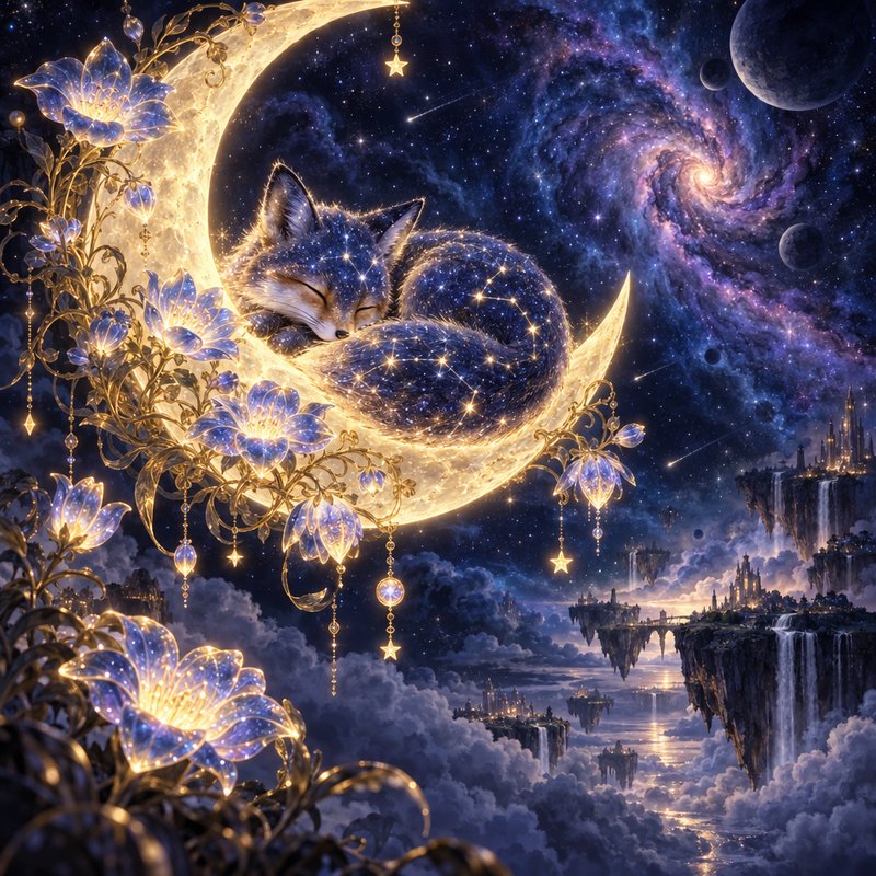 Star-patterned celestial fox sleeps curled on a glowing gilded crescent moon above a fantasy cosmic landscape