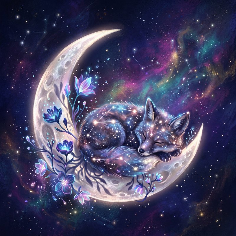 Sleeping celestial fox curled peacefully on a glowing crescent moon against a starry nebula sky