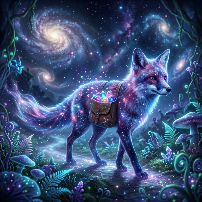 Glowing celestial fox with a gem satchel stands in an enchanted forest under swirling galaxy skies