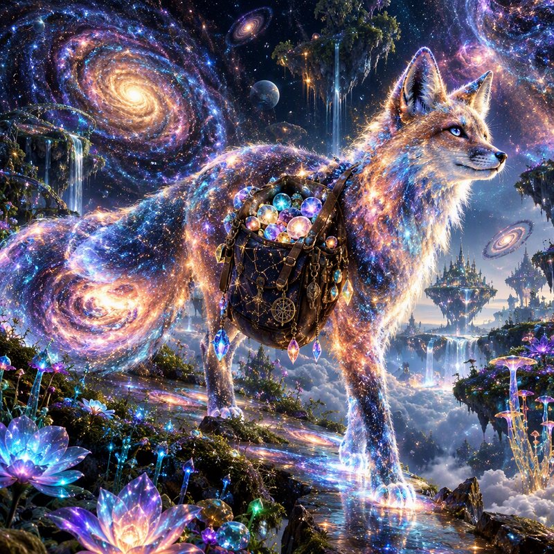 Glowing starry celestial fox carries a gem satchel in a surreal cosmic floating island landscape
