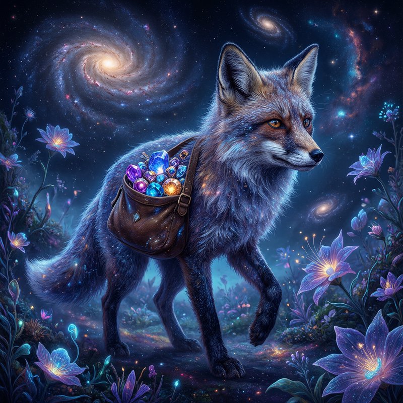 Mystical fox carrying a gem-filled leather satchel stands between glowing flowers beneath swirling cosmic galaxies
