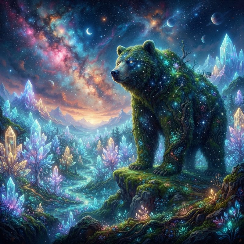 Mossy celestial spirit bear stands in a glowing crystal landscape under a vibrant starry nebula sky