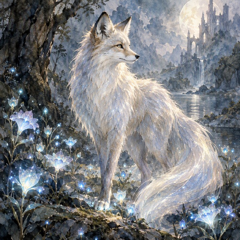 Shimmering mythical white fox stands among glowing blue flowers in a moonlit fantasy landscape wi...
