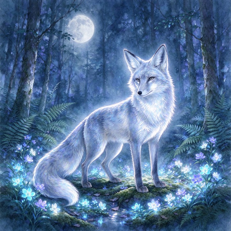 Luminous silver fox standing in an enchanted moonlit forest surrounded by glowing blue wildflowers