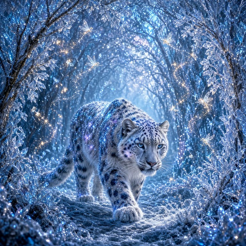 Shimmering magical snow leopard steps down a frosty forest path surrounded by glowing fairy sprit...