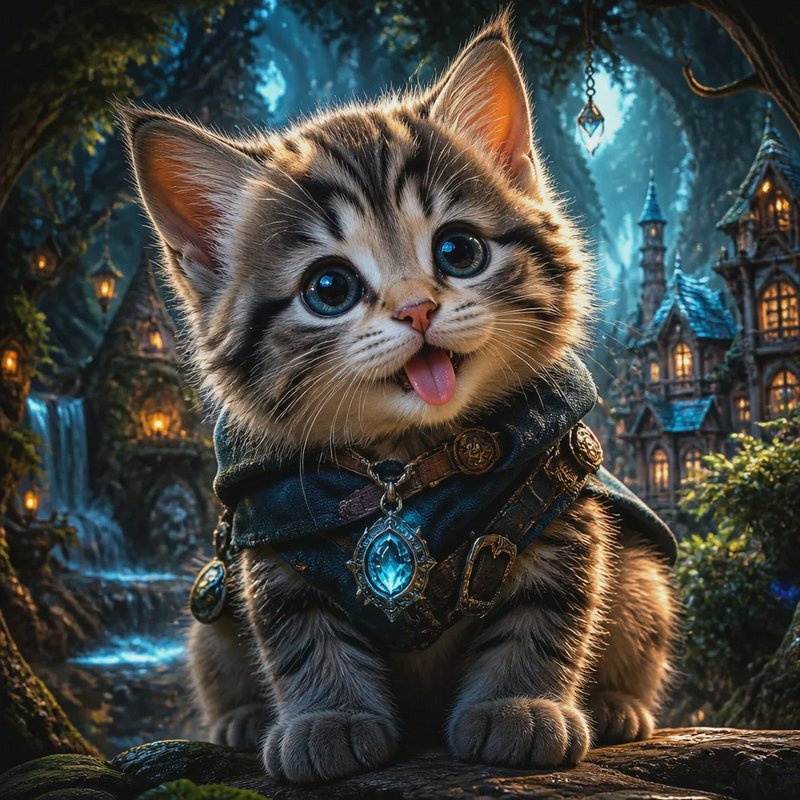 Fluffy wide-eyed tabby kitten in a fantasy adventurer cloak sits in an enchanted fairy forest vil...