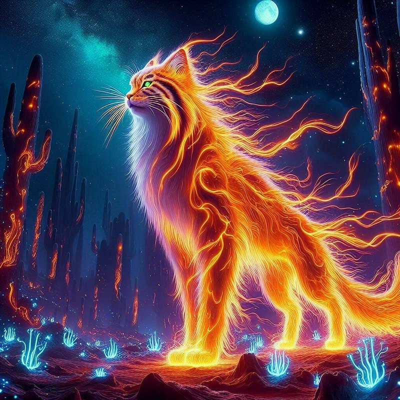 Majestic glowing flame cat standing in a bioluminescent alien desert under a starry full moon sky
