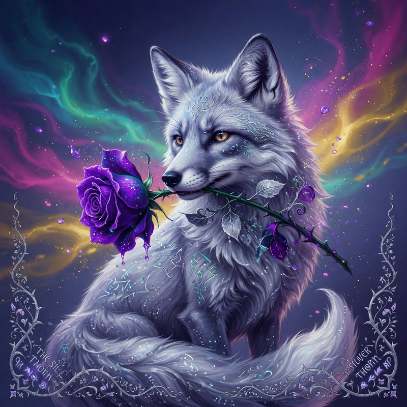 Enchanted rune-marked silver fox holds a glistening purple rose beneath swirling colorful aurora ...