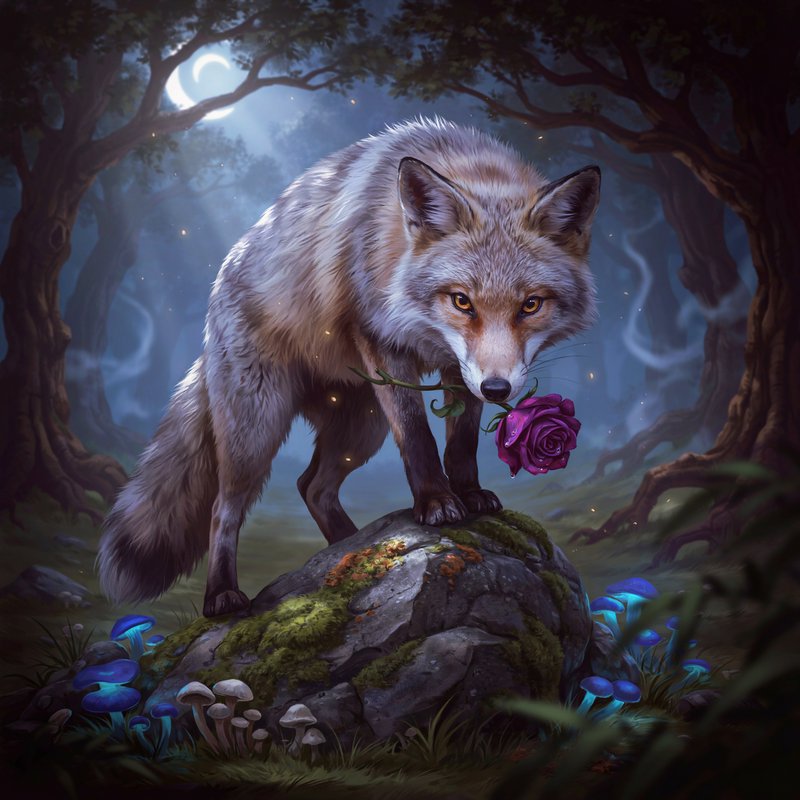 Silver fox holding a purple rose stands on a mossy rock in a moonlit enchanted forest