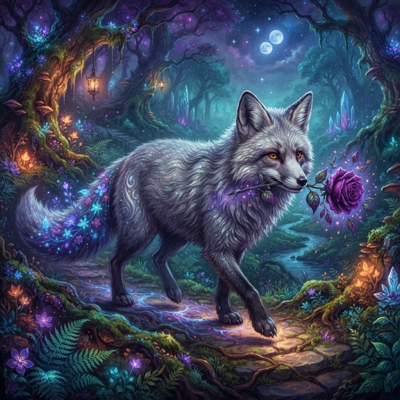 Magical silver fox holding a purple rose walks through a glowing enchanted moonlit forest